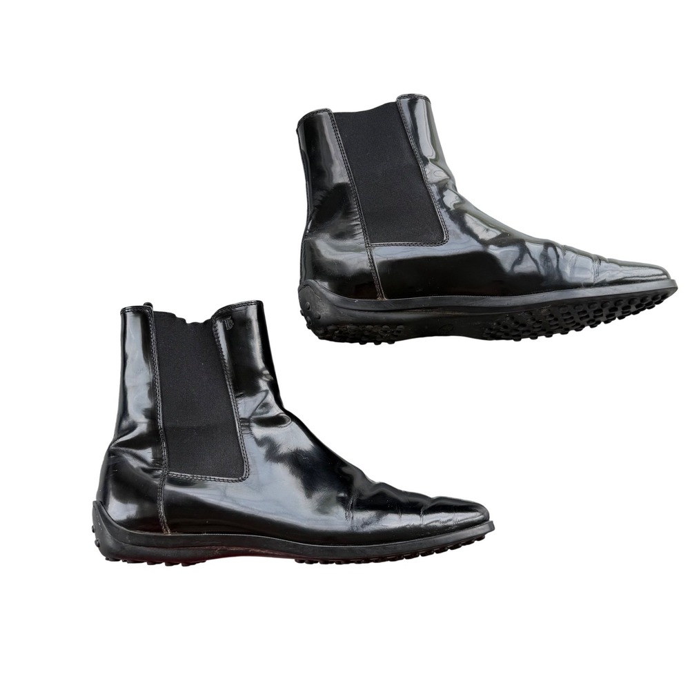 Tods Chelsea Boots Womens 39 Black Patent Leather Italian Square Toe Gommino